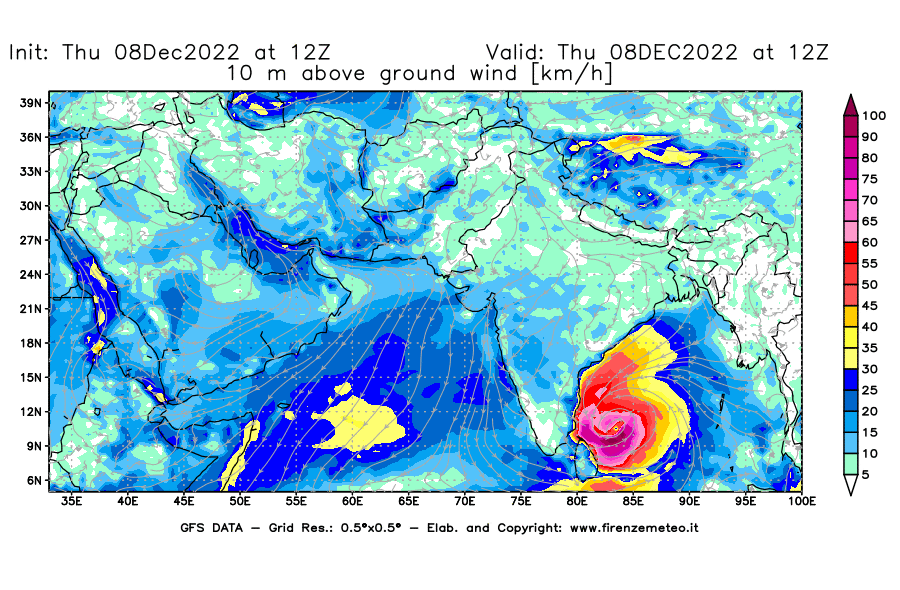 Mappa di analisi GFS - Velocità del vento a 10 metri dal suolo [km/h] in Asia Sud-Occidentale
							del 08/12/2022 12 <!--googleoff: index-->UTC<!--googleon: index-->