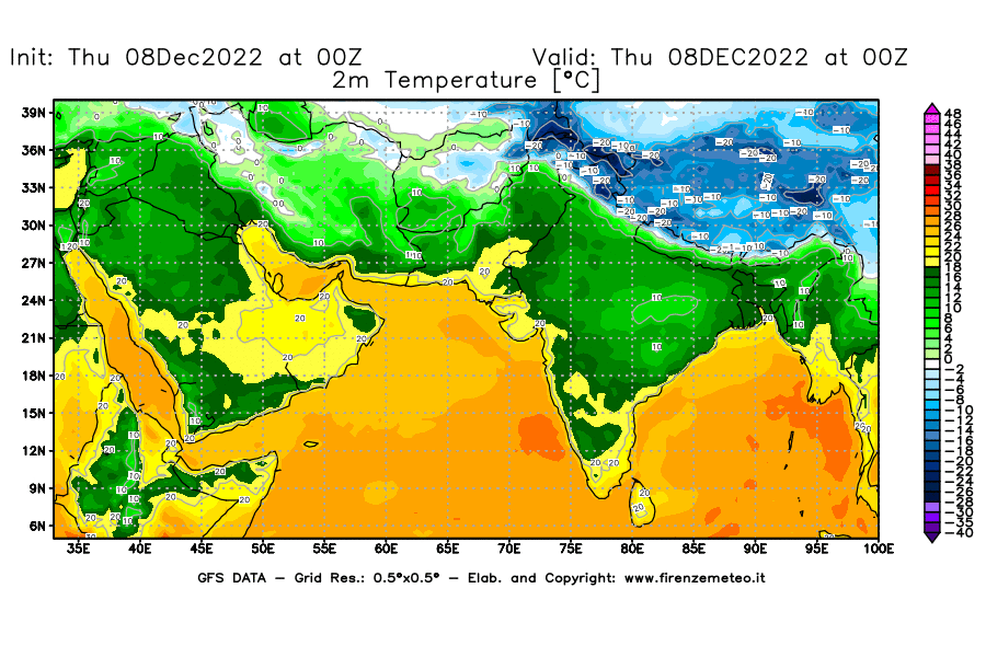 Mappa di analisi GFS - Temperatura a 2 metri dal suolo [°C] in Asia Sud-Occidentale
							del 08/12/2022 00 <!--googleoff: index-->UTC<!--googleon: index-->