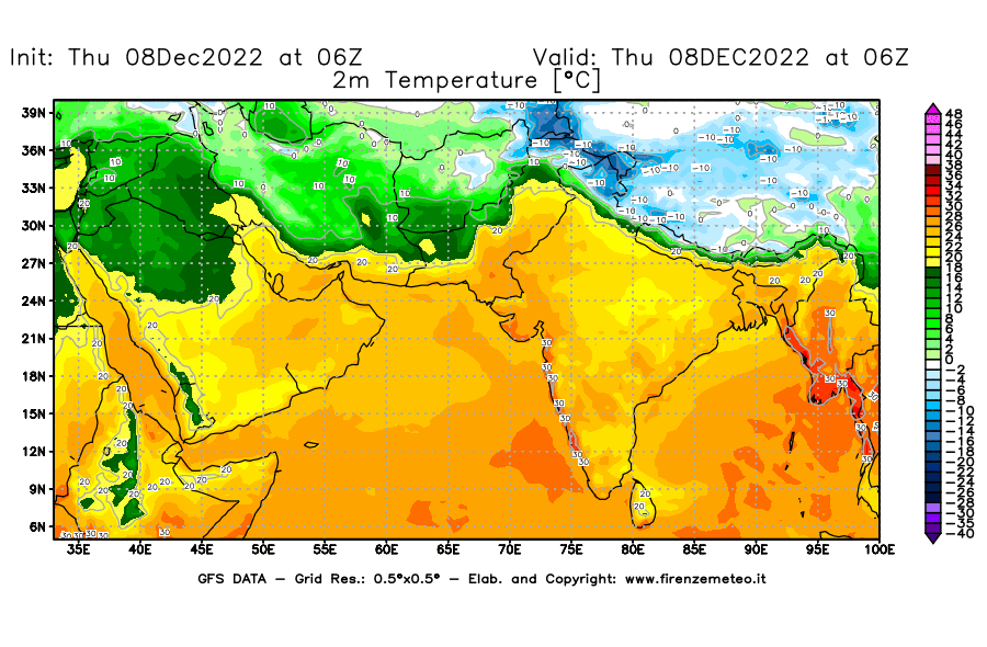 Mappa di analisi GFS - Temperatura a 2 metri dal suolo [°C] in Asia Sud-Occidentale
							del 08/12/2022 06 <!--googleoff: index-->UTC<!--googleon: index-->