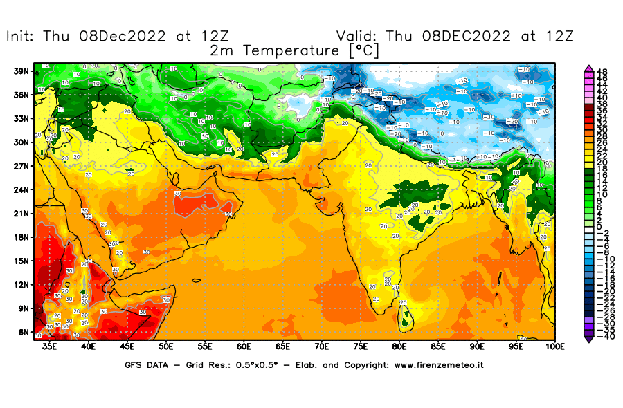 Mappa di analisi GFS - Temperatura a 2 metri dal suolo [°C] in Asia Sud-Occidentale
							del 08/12/2022 12 <!--googleoff: index-->UTC<!--googleon: index-->
