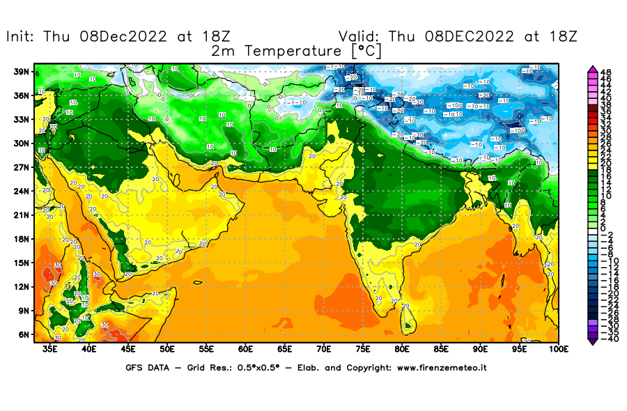 Mappa di analisi GFS - Temperatura a 2 metri dal suolo [°C] in Asia Sud-Occidentale
							del 08/12/2022 18 <!--googleoff: index-->UTC<!--googleon: index-->