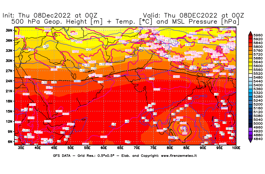 Mappa di analisi GFS - Geopotenziale [m] + Temp. [°C] a 500 hPa + Press. a livello del mare [hPa] in Asia Sud-Occidentale
							del 08/12/2022 00 <!--googleoff: index-->UTC<!--googleon: index-->