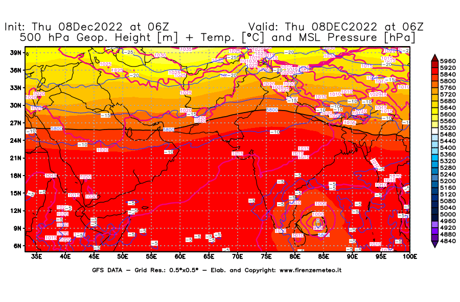 Mappa di analisi GFS - Geopotenziale [m] + Temp. [°C] a 500 hPa + Press. a livello del mare [hPa] in Asia Sud-Occidentale
							del 08/12/2022 06 <!--googleoff: index-->UTC<!--googleon: index-->