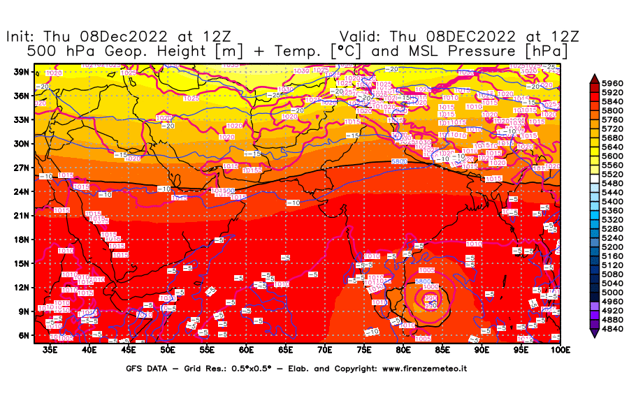 Mappa di analisi GFS - Geopotenziale [m] + Temp. [°C] a 500 hPa + Press. a livello del mare [hPa] in Asia Sud-Occidentale
							del 08/12/2022 12 <!--googleoff: index-->UTC<!--googleon: index-->