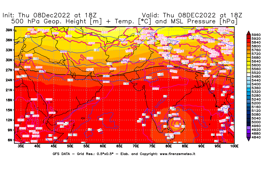 Mappa di analisi GFS - Geopotenziale [m] + Temp. [°C] a 500 hPa + Press. a livello del mare [hPa] in Asia Sud-Occidentale
							del 08/12/2022 18 <!--googleoff: index-->UTC<!--googleon: index-->