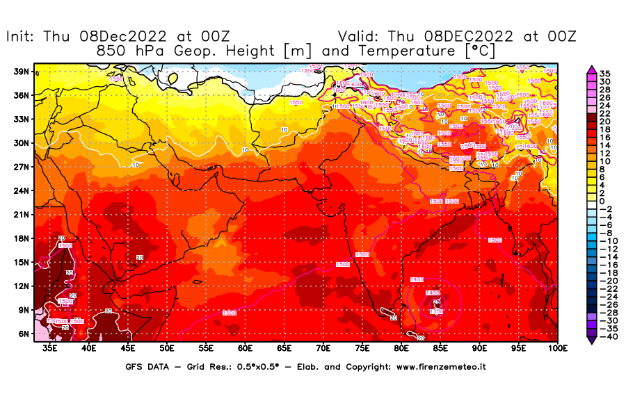 Mappa di analisi GFS - Geopotenziale [m] e Temperatura [°C] a 850 hPa in Asia Sud-Occidentale
							del 08/12/2022 00 <!--googleoff: index-->UTC<!--googleon: index-->