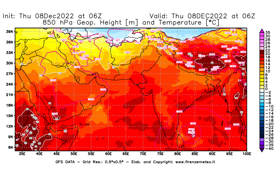 Mappa di analisi GFS - Geopotenziale [m] e Temperatura [°C] a 850 hPa in Asia Sud-Occidentale
							del 08/12/2022 06 <!--googleoff: index-->UTC<!--googleon: index-->