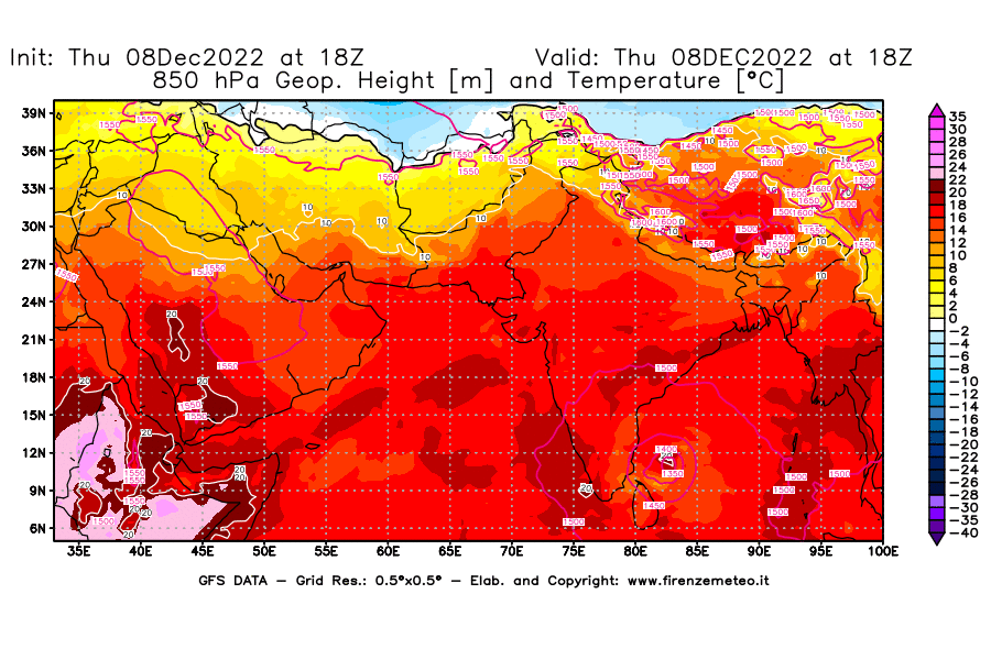 Mappa di analisi GFS - Geopotenziale [m] e Temperatura [°C] a 850 hPa in Asia Sud-Occidentale
							del 08/12/2022 18 <!--googleoff: index-->UTC<!--googleon: index-->