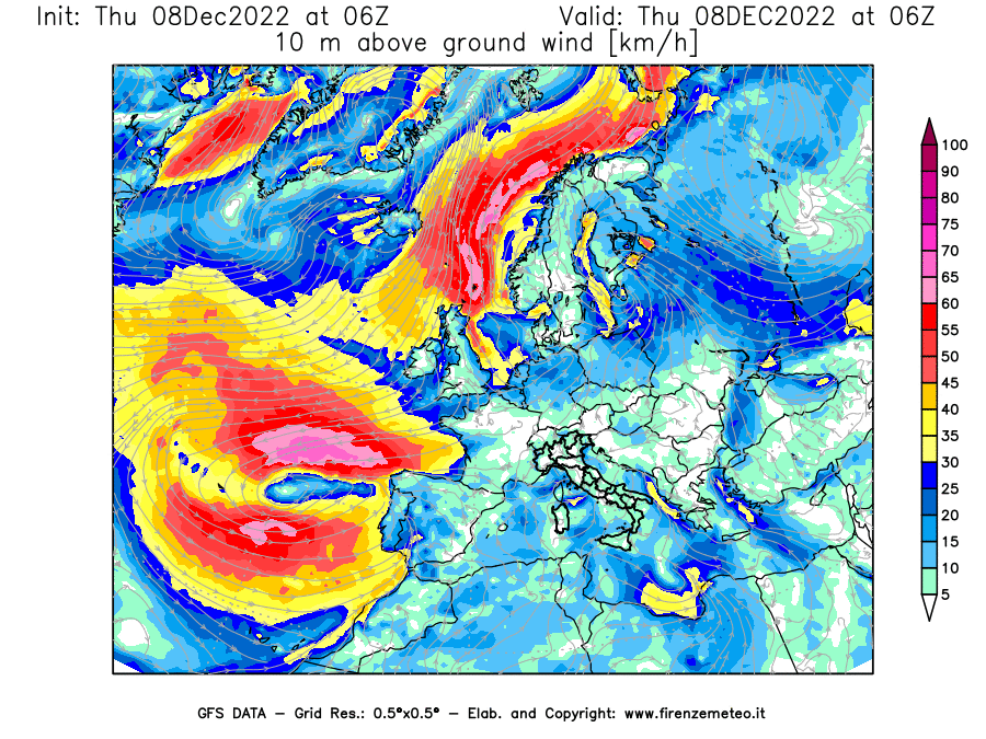 Mappa di analisi GFS - Velocità del vento a 10 metri dal suolo [km/h] in Europa
							del 08/12/2022 06 <!--googleoff: index-->UTC<!--googleon: index-->