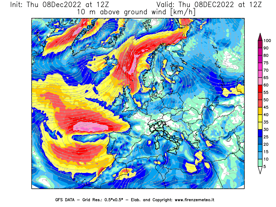 Mappa di analisi GFS - Velocità del vento a 10 metri dal suolo [km/h] in Europa
							del 08/12/2022 12 <!--googleoff: index-->UTC<!--googleon: index-->