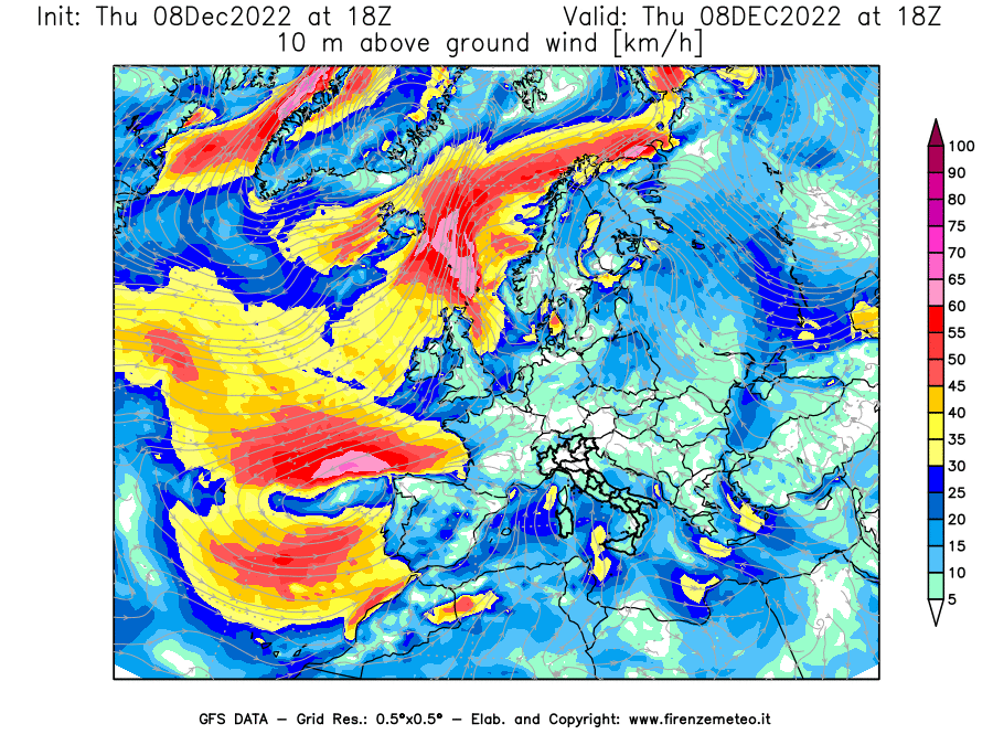 Mappa di analisi GFS - Velocità del vento a 10 metri dal suolo [km/h] in Europa
							del 08/12/2022 18 <!--googleoff: index-->UTC<!--googleon: index-->