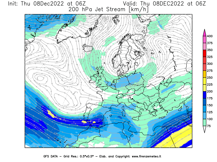 Mappa di analisi GFS - Jet Stream a 200 hPa in Europa
							del 08/12/2022 06 <!--googleoff: index-->UTC<!--googleon: index-->