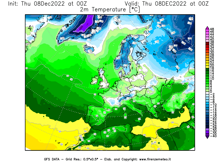 Mappa di analisi GFS - Temperatura a 2 metri dal suolo [°C] in Europa
							del 08/12/2022 00 <!--googleoff: index-->UTC<!--googleon: index-->