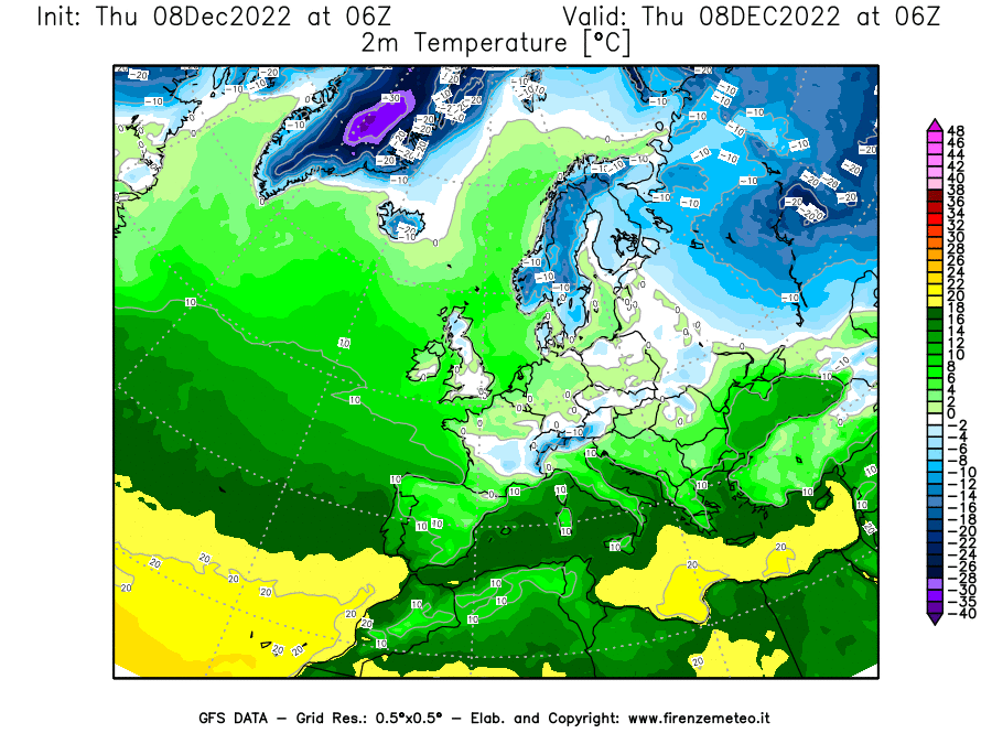 Mappa di analisi GFS - Temperatura a 2 metri dal suolo [°C] in Europa
							del 08/12/2022 06 <!--googleoff: index-->UTC<!--googleon: index-->