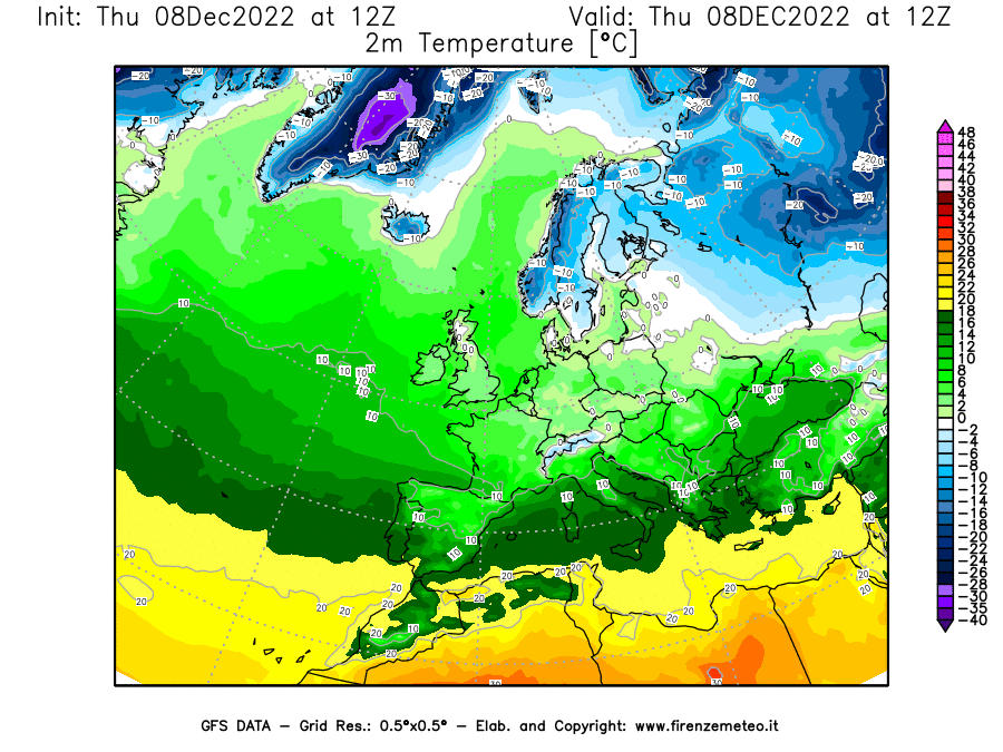 Mappa di analisi GFS - Temperatura a 2 metri dal suolo [°C] in Europa
							del 08/12/2022 12 <!--googleoff: index-->UTC<!--googleon: index-->