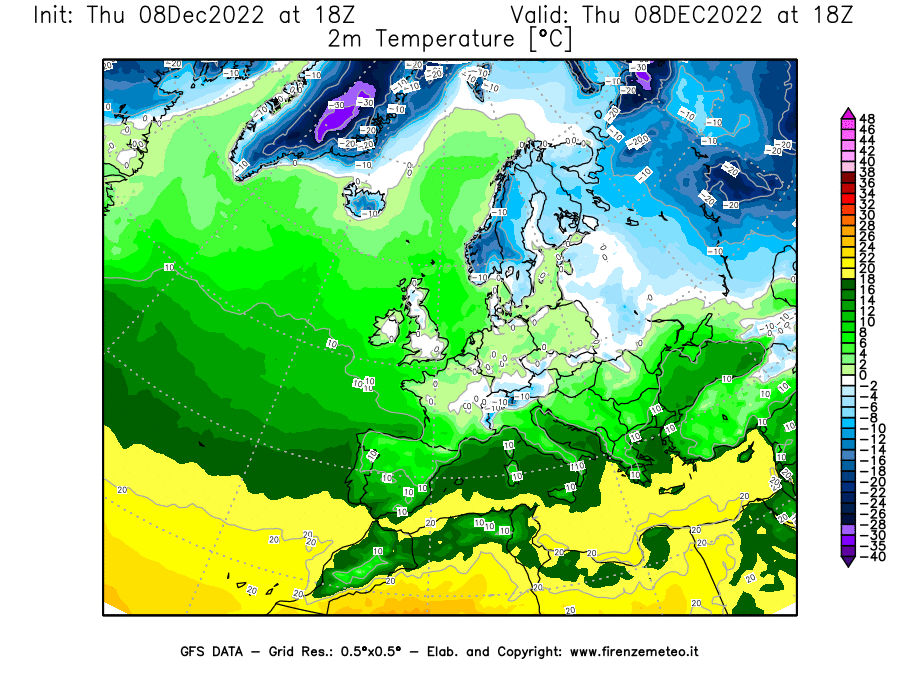 Mappa di analisi GFS - Temperatura a 2 metri dal suolo [°C] in Europa
							del 08/12/2022 18 <!--googleoff: index-->UTC<!--googleon: index-->