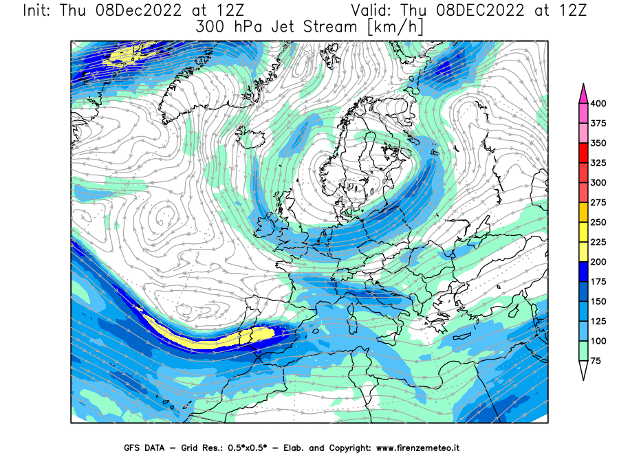 Mappa di analisi GFS - Jet Stream a 300 hPa in Europa
							del 08/12/2022 12 <!--googleoff: index-->UTC<!--googleon: index-->