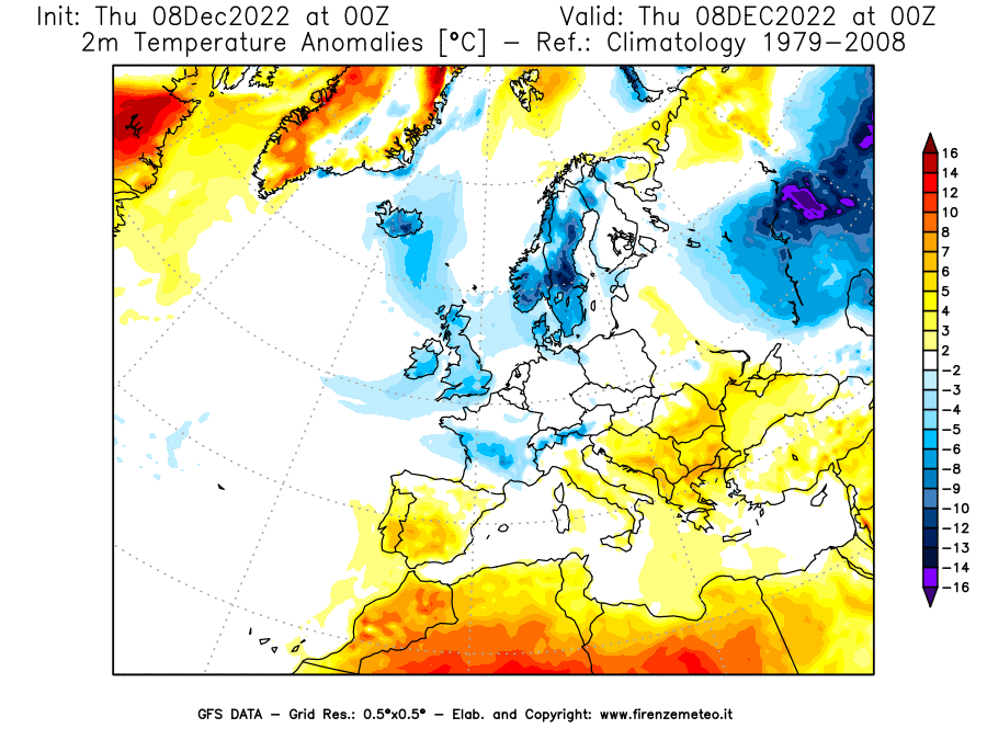 Mappa di analisi GFS - Anomalia Temperatura [°C] a 2 m in Europa
							del 08/12/2022 00 <!--googleoff: index-->UTC<!--googleon: index-->