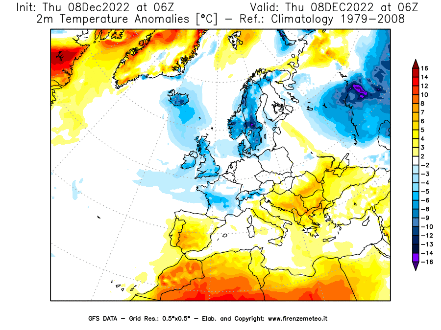 Mappa di analisi GFS - Anomalia Temperatura [°C] a 2 m in Europa
							del 08/12/2022 06 <!--googleoff: index-->UTC<!--googleon: index-->