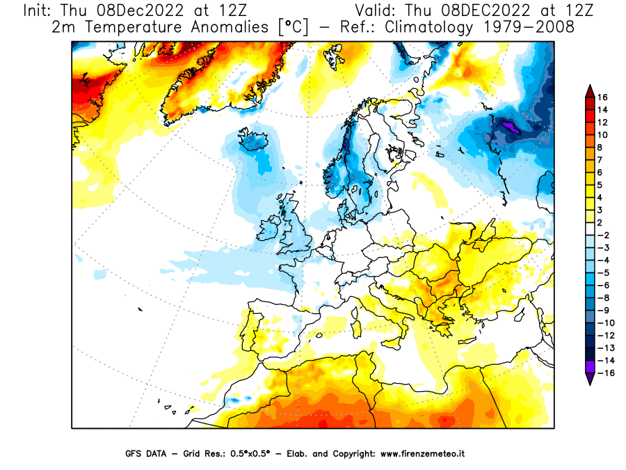 Mappa di analisi GFS - Anomalia Temperatura [°C] a 2 m in Europa
							del 08/12/2022 12 <!--googleoff: index-->UTC<!--googleon: index-->