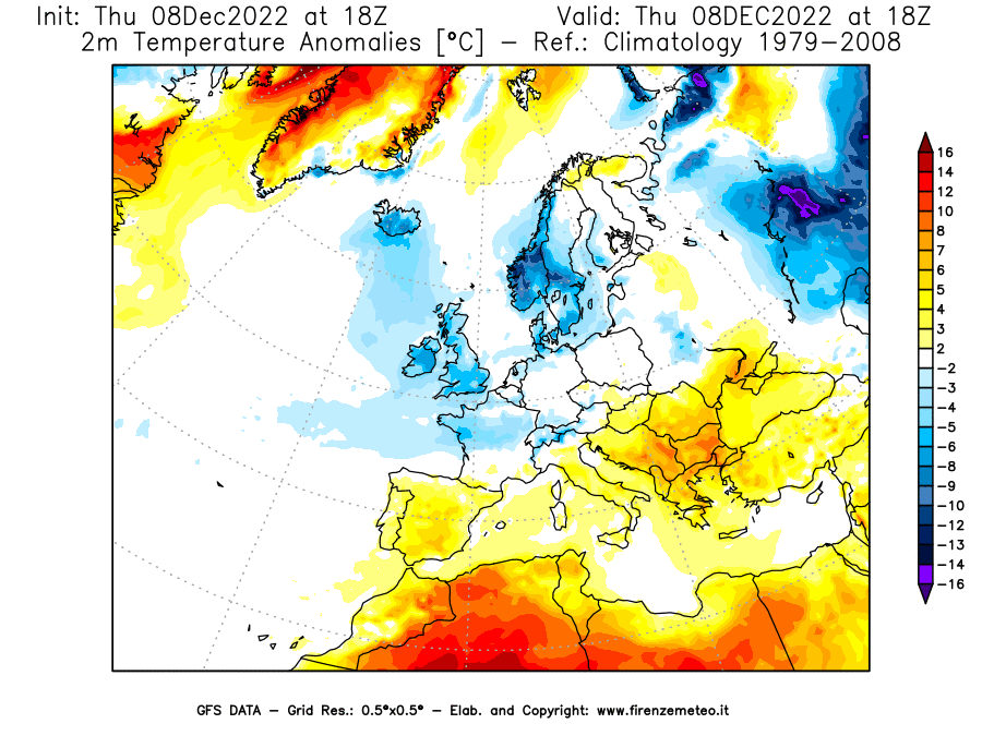 Mappa di analisi GFS - Anomalia Temperatura [°C] a 2 m in Europa
							del 08/12/2022 18 <!--googleoff: index-->UTC<!--googleon: index-->