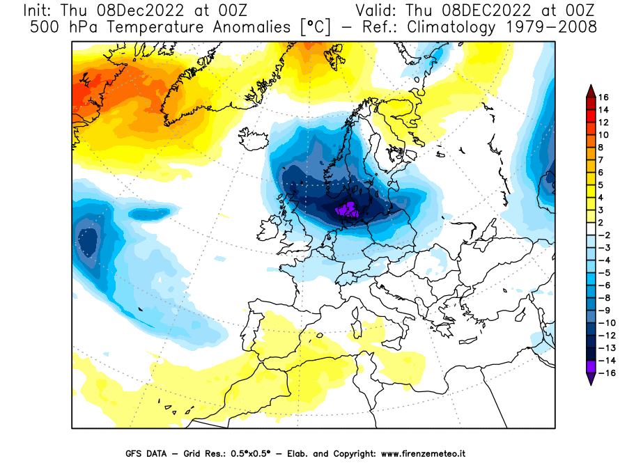 Mappa di analisi GFS - Anomalia Temperatura [°C] a 500 hPa in Europa
							del 08/12/2022 00 <!--googleoff: index-->UTC<!--googleon: index-->