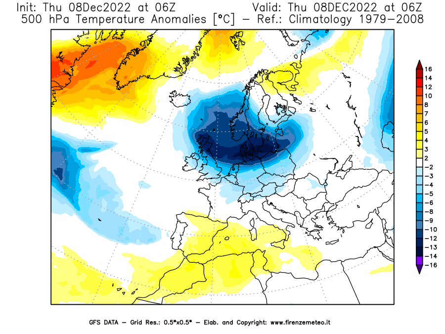 Mappa di analisi GFS - Anomalia Temperatura [°C] a 500 hPa in Europa
							del 08/12/2022 06 <!--googleoff: index-->UTC<!--googleon: index-->