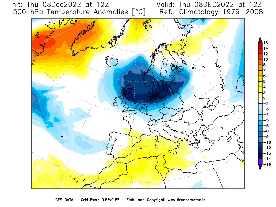 Mappa di analisi GFS - Anomalia Temperatura [°C] a 500 hPa in Europa
							del 08/12/2022 12 <!--googleoff: index-->UTC<!--googleon: index-->