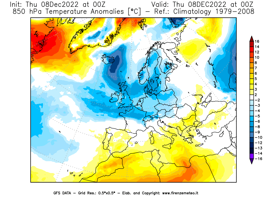 Mappa di analisi GFS - Anomalia Temperatura [°C] a 850 hPa in Europa
							del 08/12/2022 00 <!--googleoff: index-->UTC<!--googleon: index-->
