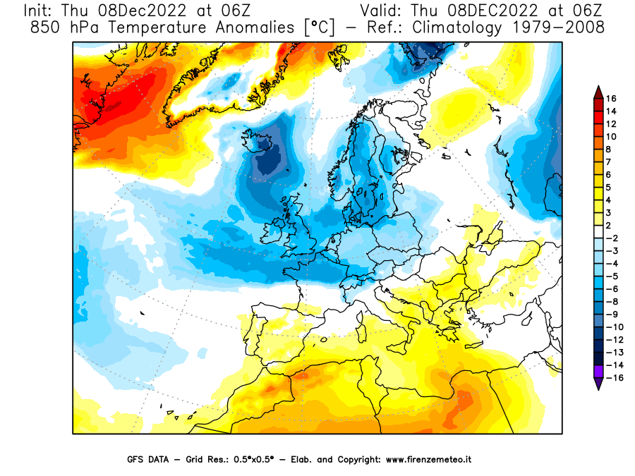 Mappa di analisi GFS - Anomalia Temperatura [°C] a 850 hPa in Europa
							del 08/12/2022 06 <!--googleoff: index-->UTC<!--googleon: index-->