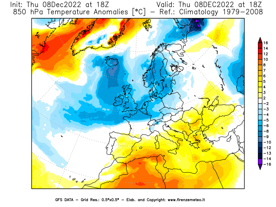 Mappa di analisi GFS - Anomalia Temperatura [°C] a 850 hPa in Europa
							del 08/12/2022 18 <!--googleoff: index-->UTC<!--googleon: index-->