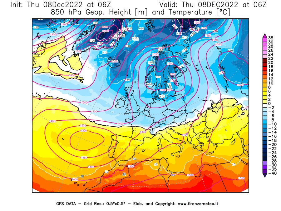 Mappa di analisi GFS - Geopotenziale [m] e Temperatura [°C] a 850 hPa in Europa
							del 08/12/2022 06 <!--googleoff: index-->UTC<!--googleon: index-->