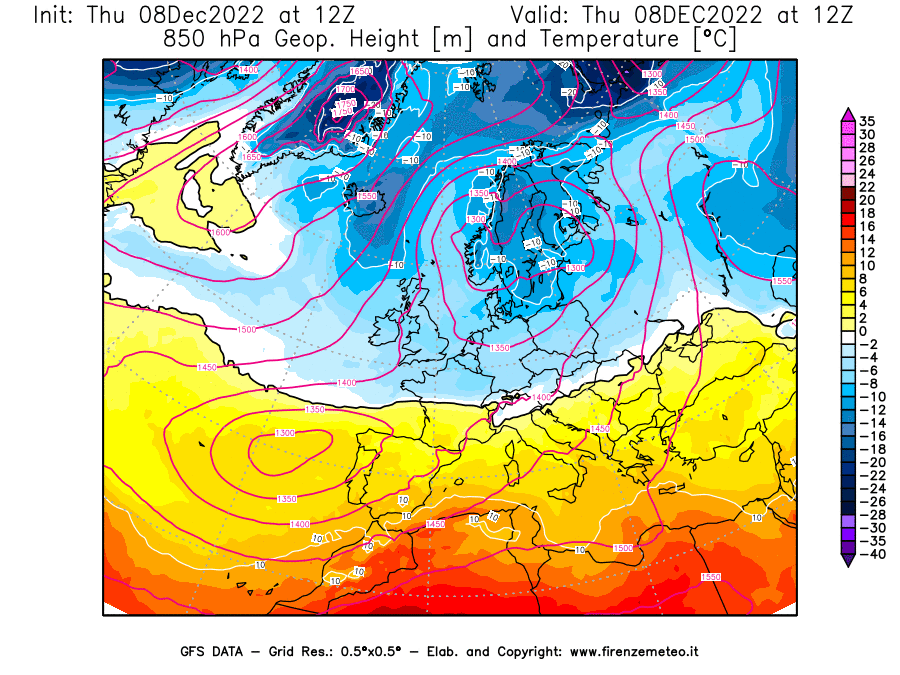 Mappa di analisi GFS - Geopotenziale [m] e Temperatura [°C] a 850 hPa in Europa
							del 08/12/2022 12 <!--googleoff: index-->UTC<!--googleon: index-->
