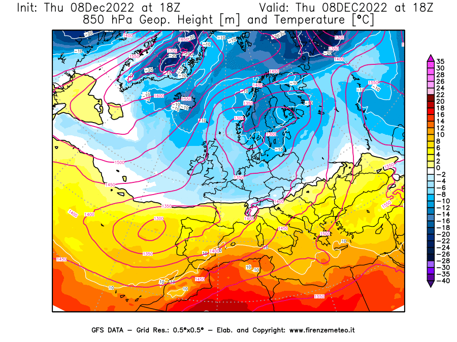 Mappa di analisi GFS - Geopotenziale [m] e Temperatura [°C] a 850 hPa in Europa
							del 08/12/2022 18 <!--googleoff: index-->UTC<!--googleon: index-->