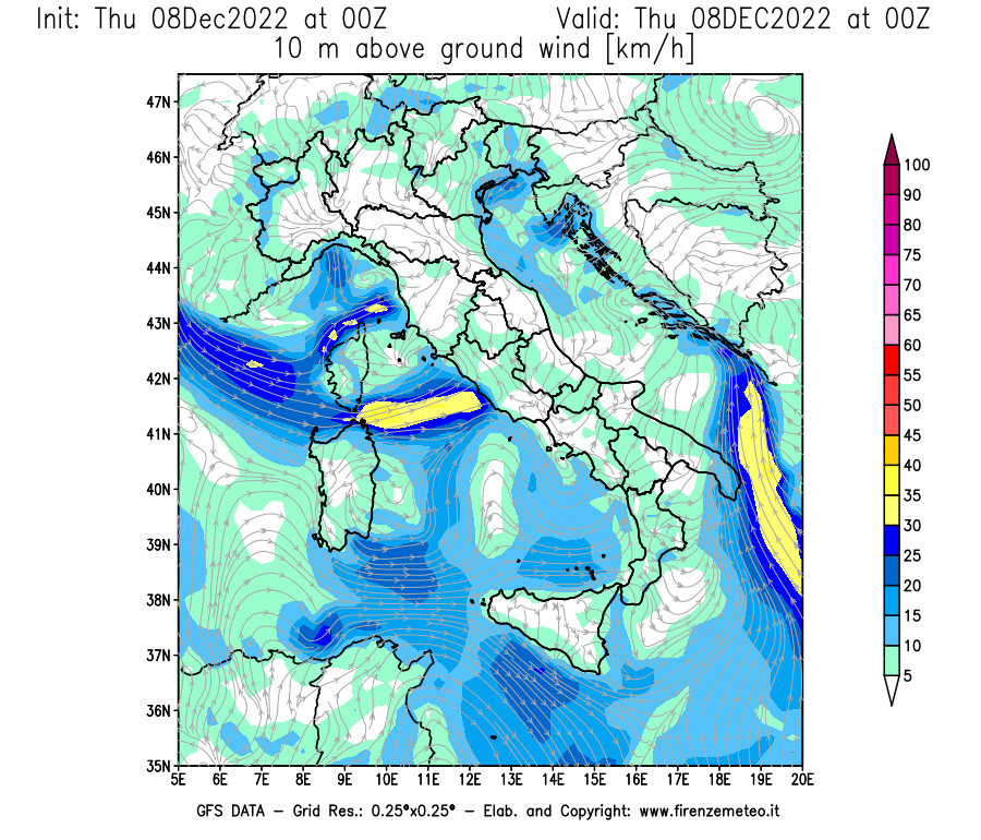 Mappa di analisi GFS - Velocità del vento a 10 metri dal suolo [km/h] in Italia
							del 08/12/2022 00 <!--googleoff: index-->UTC<!--googleon: index-->