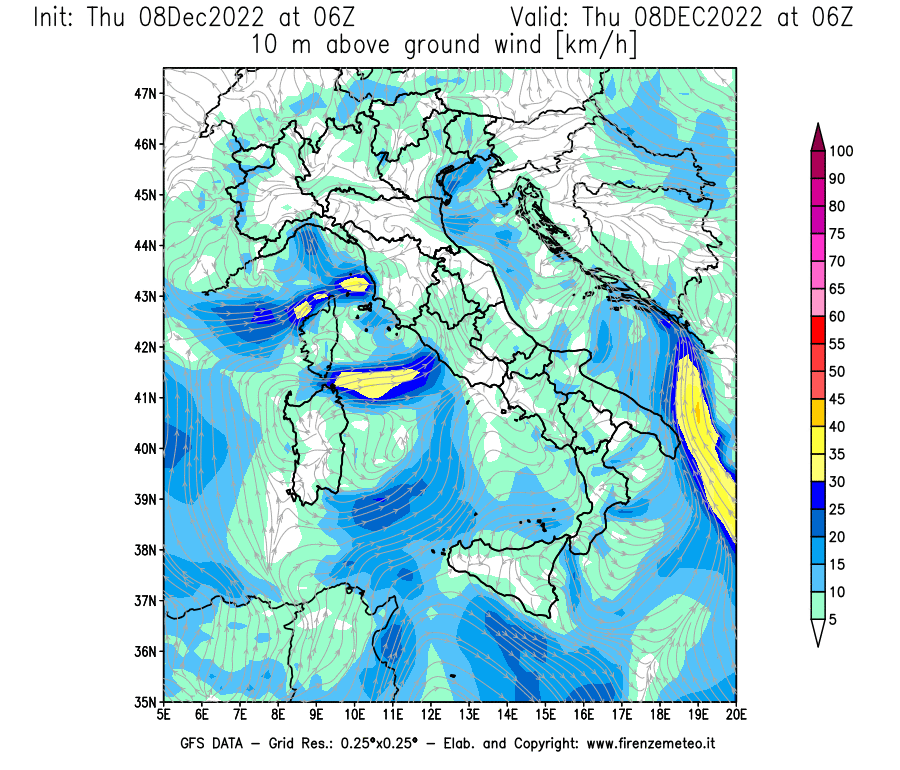 Mappa di analisi GFS - Velocità del vento a 10 metri dal suolo [km/h] in Italia
							del 08/12/2022 06 <!--googleoff: index-->UTC<!--googleon: index-->