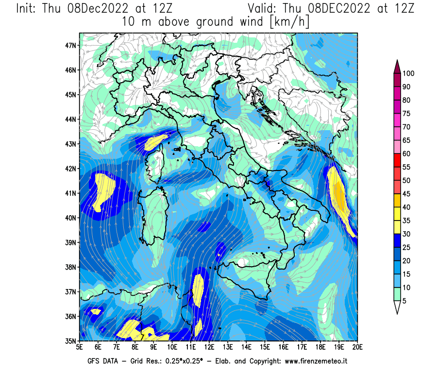 Mappa di analisi GFS - Velocità del vento a 10 metri dal suolo [km/h] in Italia
							del 08/12/2022 12 <!--googleoff: index-->UTC<!--googleon: index-->