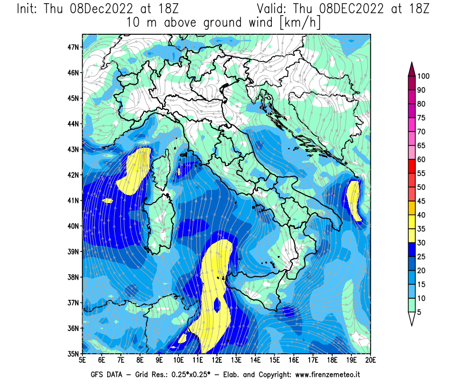 Mappa di analisi GFS - Velocità del vento a 10 metri dal suolo [km/h] in Italia
							del 08/12/2022 18 <!--googleoff: index-->UTC<!--googleon: index-->