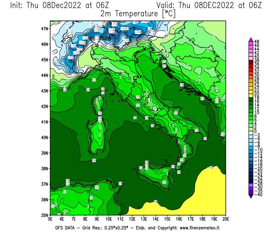 Mappa di analisi GFS - Temperatura a 2 metri dal suolo [°C] in Italia
							del 08/12/2022 06 <!--googleoff: index-->UTC<!--googleon: index-->