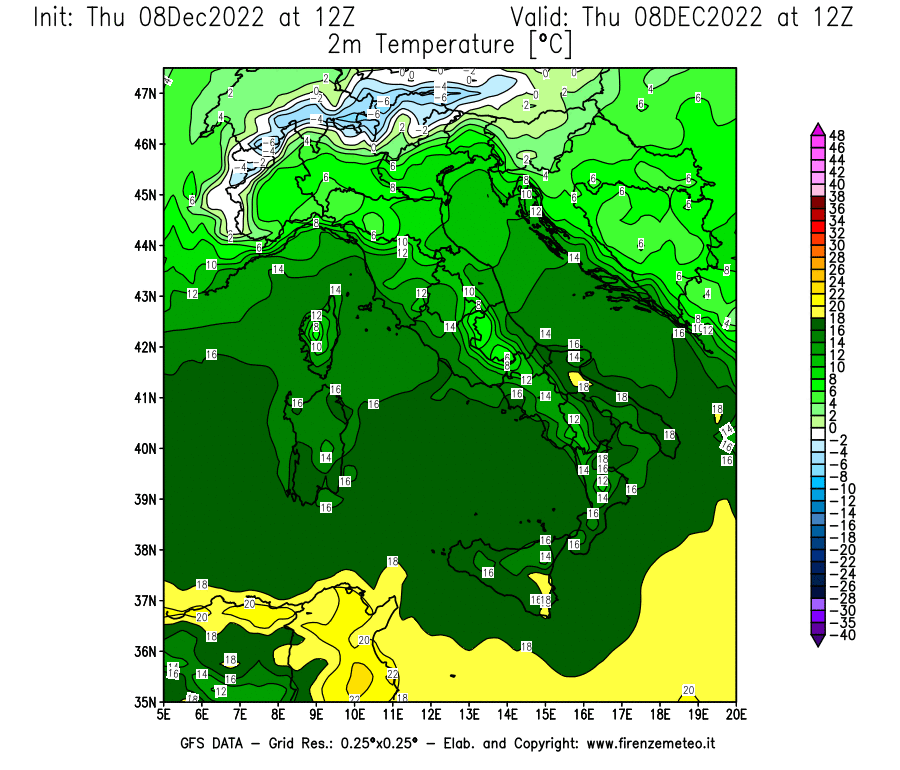 Mappa di analisi GFS - Temperatura a 2 metri dal suolo [°C] in Italia
							del 08/12/2022 12 <!--googleoff: index-->UTC<!--googleon: index-->