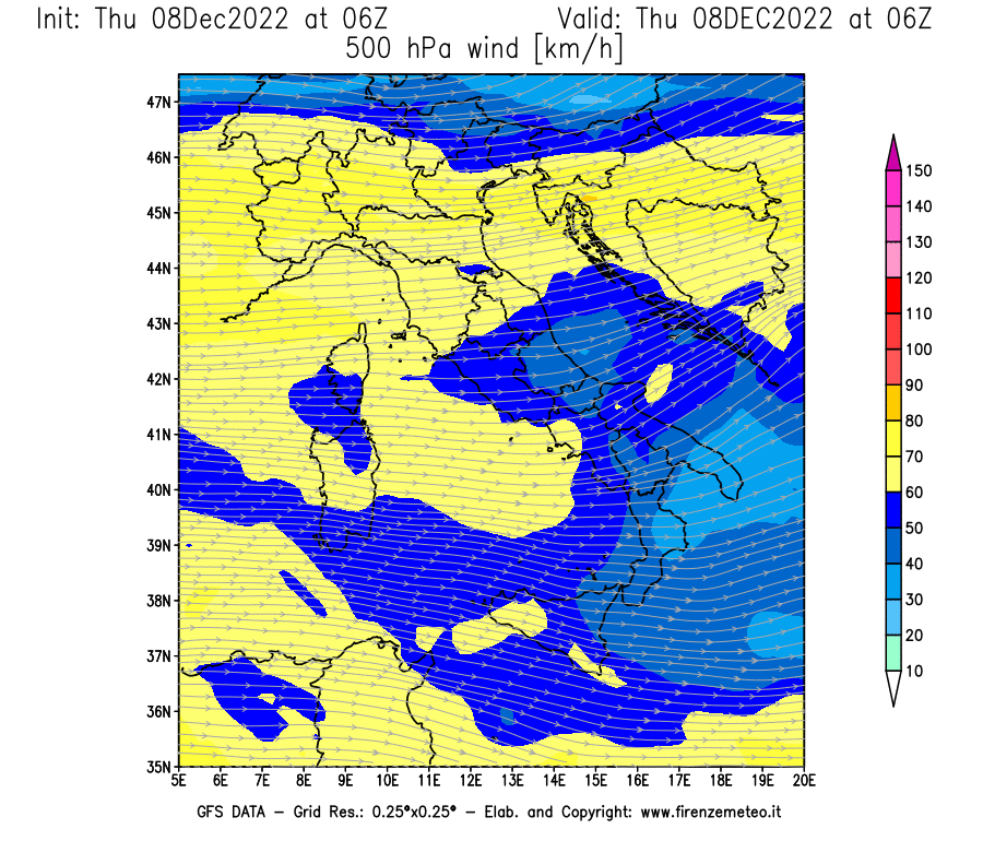 Mappa di analisi GFS - Velocità del vento a 500 hPa [km/h] in Italia
							del 08/12/2022 06 <!--googleoff: index-->UTC<!--googleon: index-->