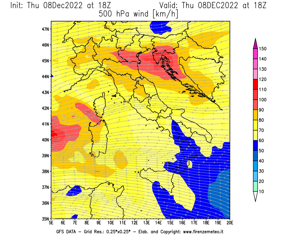Mappa di analisi GFS - Velocità del vento a 500 hPa [km/h] in Italia
							del 08/12/2022 18 <!--googleoff: index-->UTC<!--googleon: index-->