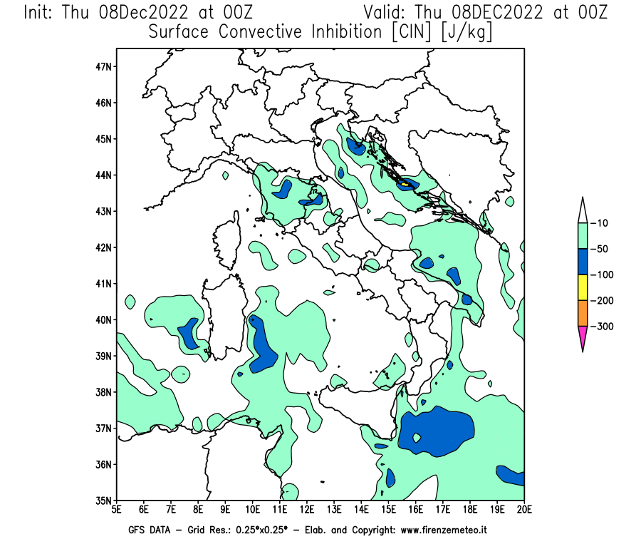 Mappa di analisi GFS - CIN [J/kg] in Italia
							del 08/12/2022 00 <!--googleoff: index-->UTC<!--googleon: index-->