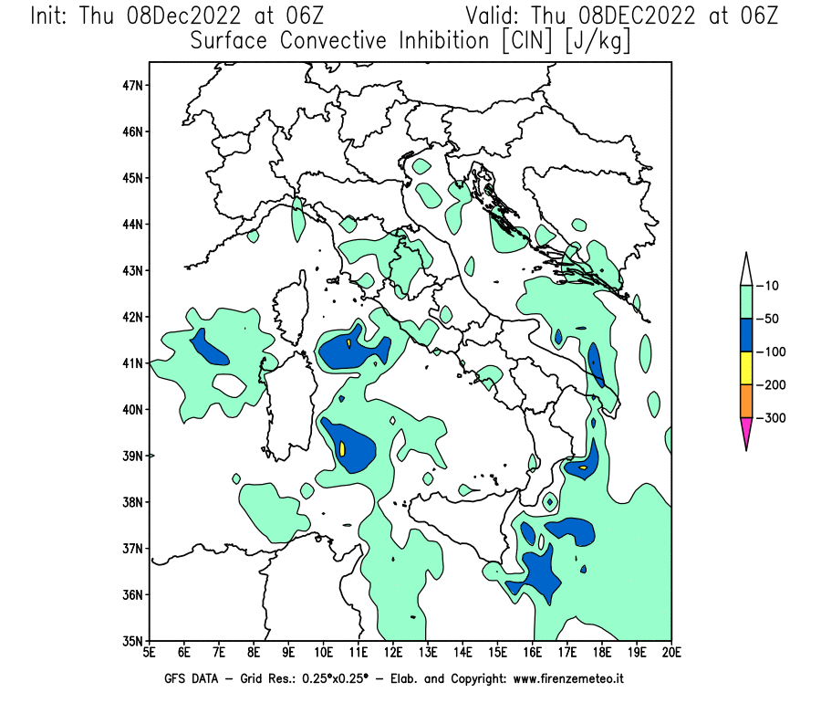 Mappa di analisi GFS - CIN [J/kg] in Italia
							del 08/12/2022 06 <!--googleoff: index-->UTC<!--googleon: index-->