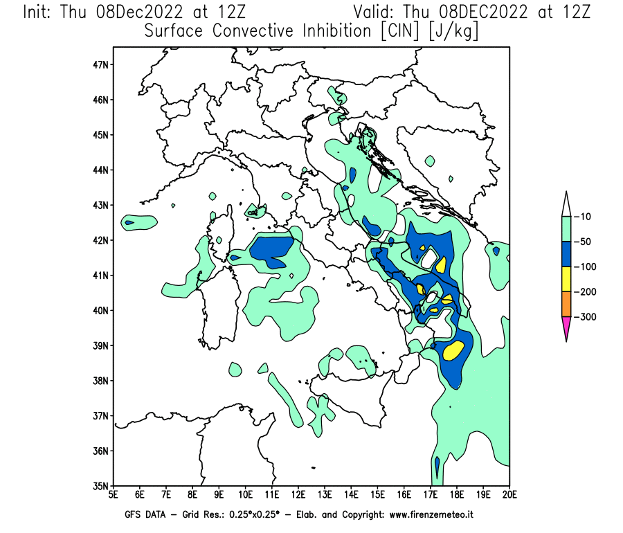 Mappa di analisi GFS - CIN [J/kg] in Italia
							del 08/12/2022 12 <!--googleoff: index-->UTC<!--googleon: index-->