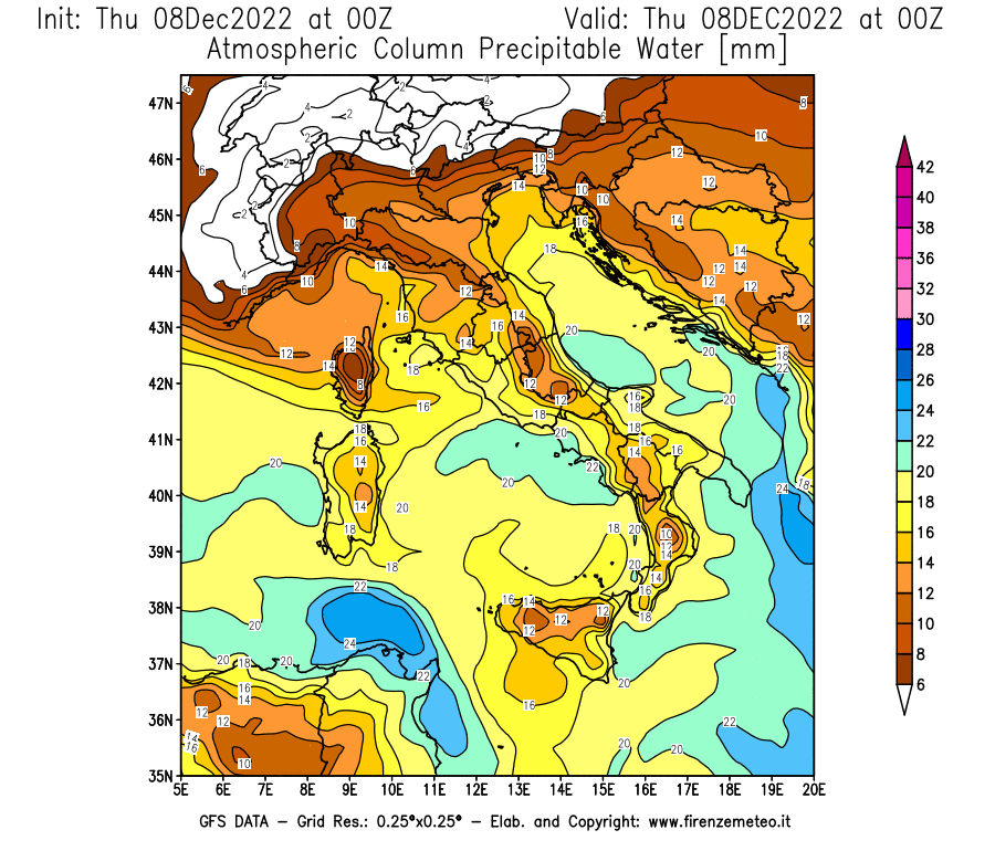 Mappa di analisi GFS - Precipitable Water [mm] in Italia
							del 08/12/2022 00 <!--googleoff: index-->UTC<!--googleon: index-->