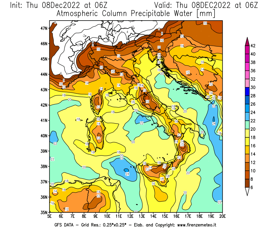 Mappa di analisi GFS - Precipitable Water [mm] in Italia
							del 08/12/2022 06 <!--googleoff: index-->UTC<!--googleon: index-->