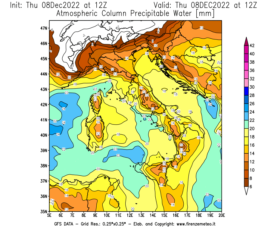 Mappa di analisi GFS - Precipitable Water [mm] in Italia
							del 08/12/2022 12 <!--googleoff: index-->UTC<!--googleon: index-->