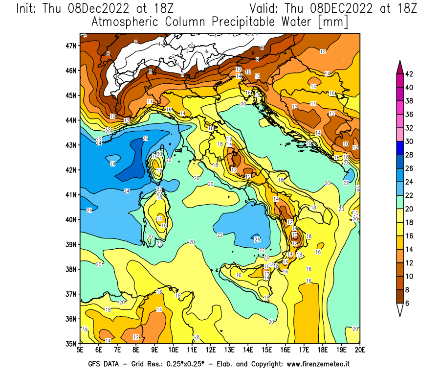 Mappa di analisi GFS - Precipitable Water [mm] in Italia
							del 08/12/2022 18 <!--googleoff: index-->UTC<!--googleon: index-->