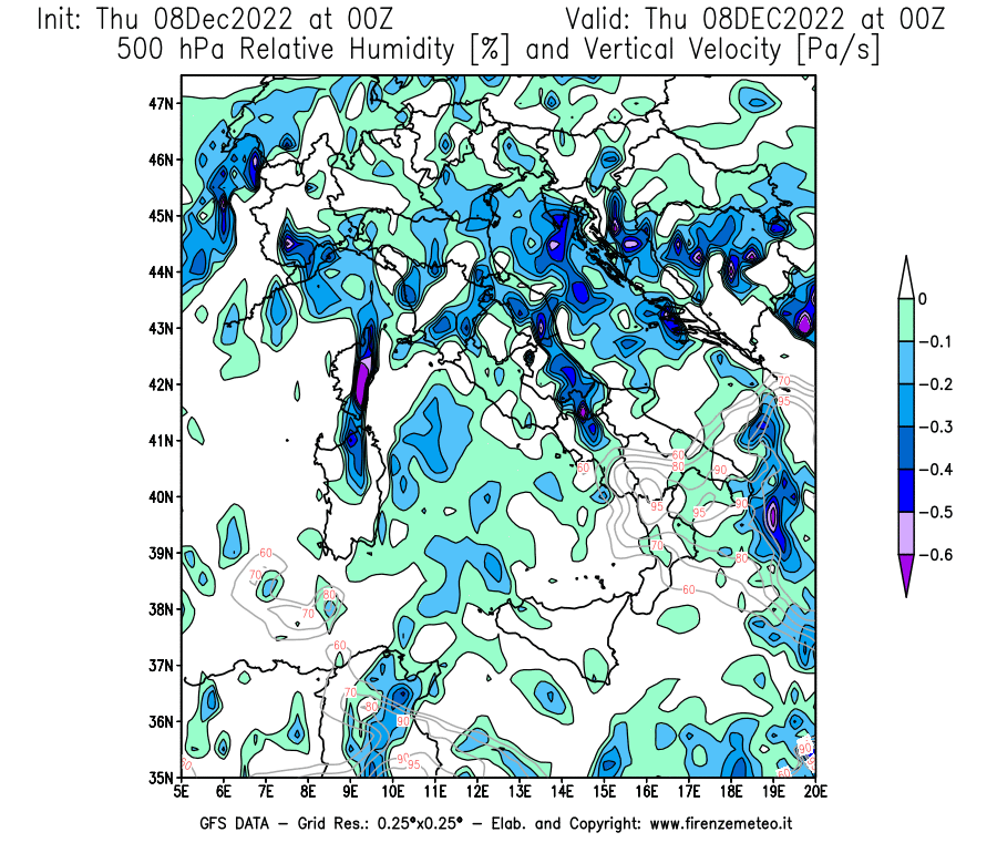Mappa di analisi GFS - Umidità relativa [%] e Omega [Pa/s] a 500 hPa in Italia
							del 08/12/2022 00 <!--googleoff: index-->UTC<!--googleon: index-->